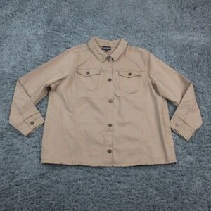 Susan Graver Jacket Womens 2X Beige Denim Button Front Utility Stretch Shacket